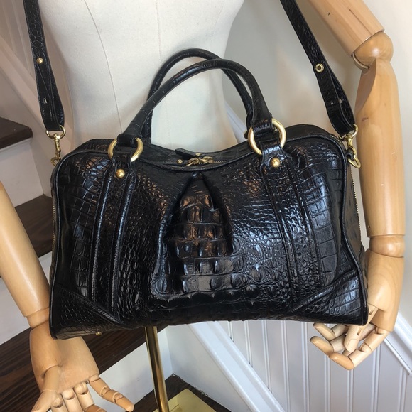 BRAHMIN Black Croc Leather Shoulder Bag With Adjustable Crossbody Strap - Picture 3 of 17